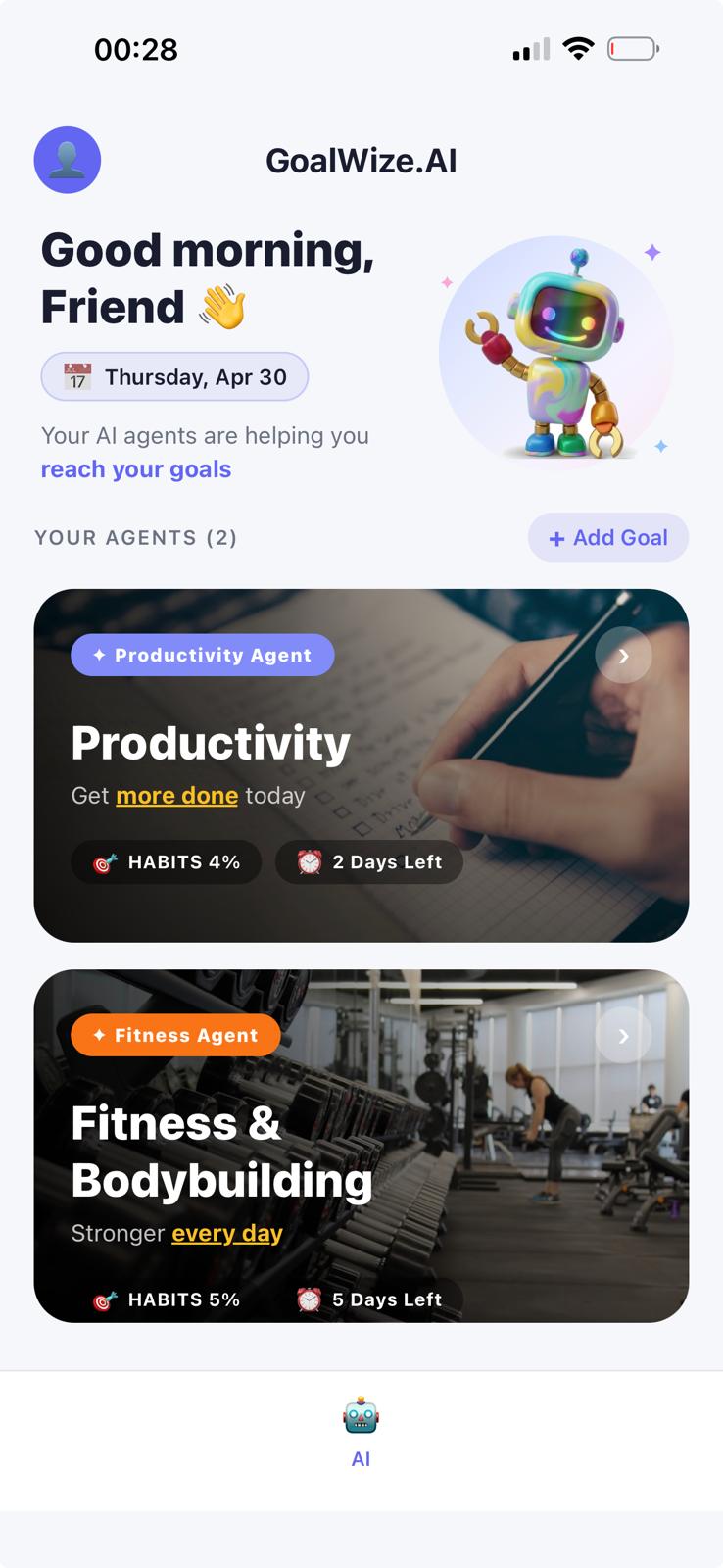 GoalWize.AI home screen showing AI goal agents