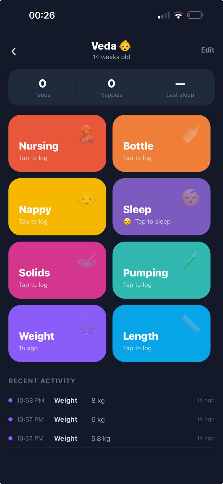 Baby tracker — feeds, sleep, nappies
